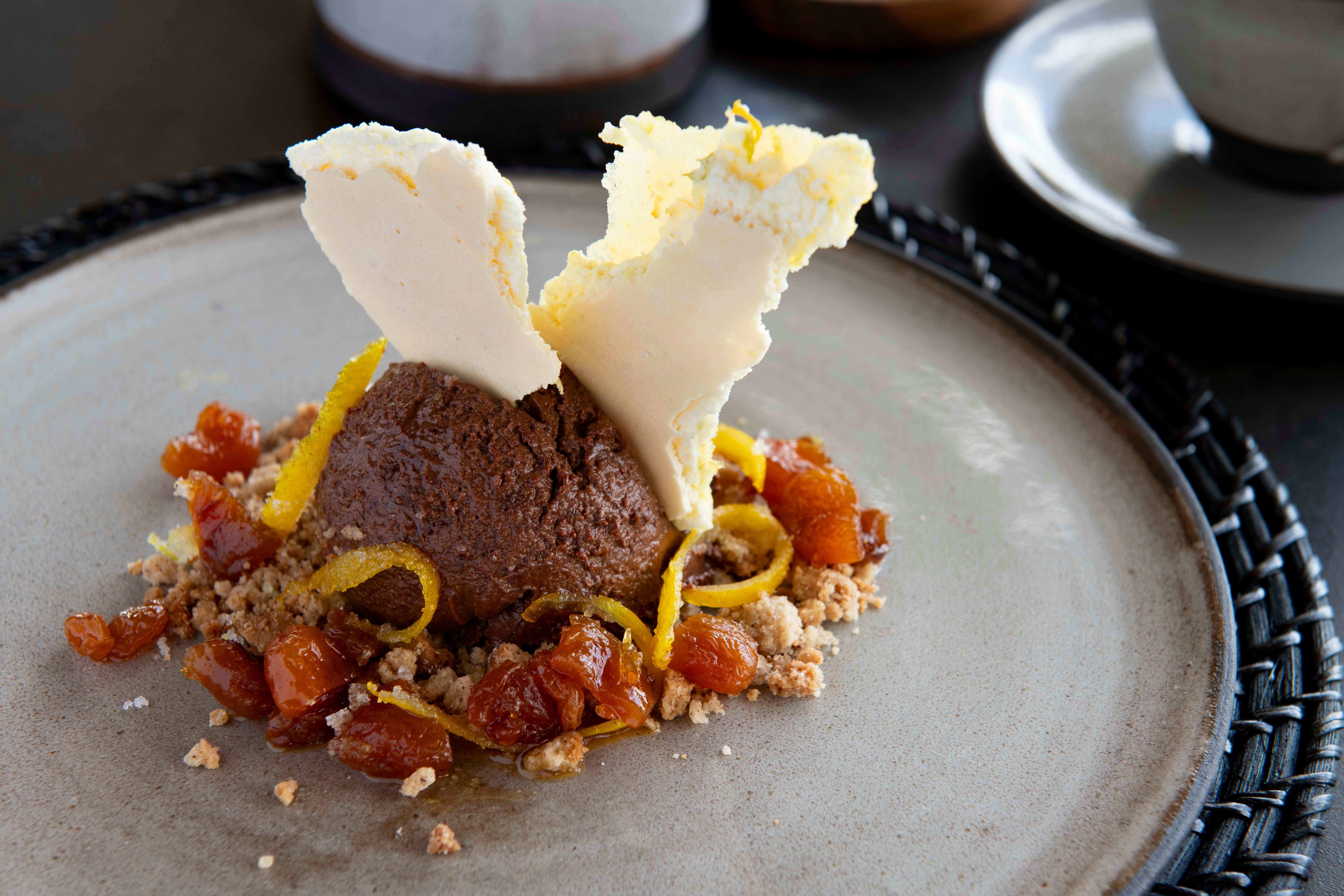 Artfully plated dessert featuring a rich chocolate mousse with citrus peel, dried fruit, and delicate shards of ice cream, presented on handcrafted stoneware at Daunara Safari Camp.
